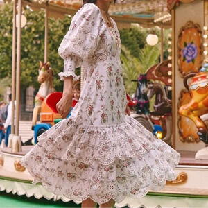 LoveShackFancy‎ Toulon Midi Vanilla Kisses Embroidered Ruffle Dress cottagecore